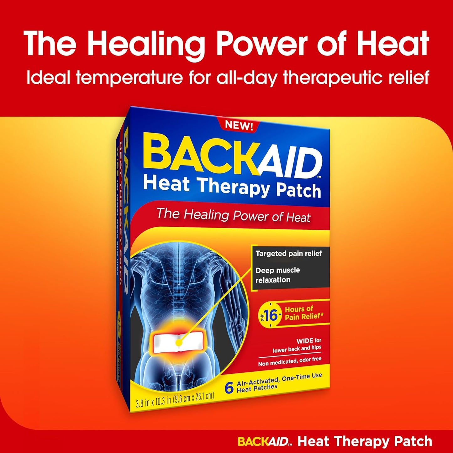 Backaid Heat Therapy Patch, Air-Activated Therapeutic Heat, Wide, 6 Count | Provides targeted, powerful back and muscle pain relief. Sized for lower back and hips. Up to 16 hours of relief.