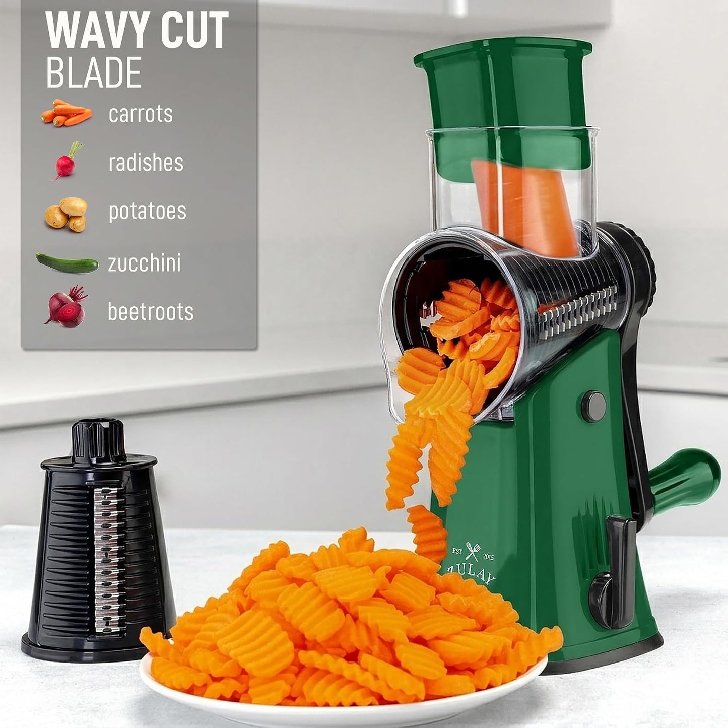 Zulay Kitchen Rotary Cheese Grater 5 Blade Cheese Shredder - Manual Hand Crank Cheese Grater With Reinforced Suction & 5 Interchangeable Drums - Easy to Use, Vegetable Chopper Round Mandoline Slicer - Colors B
