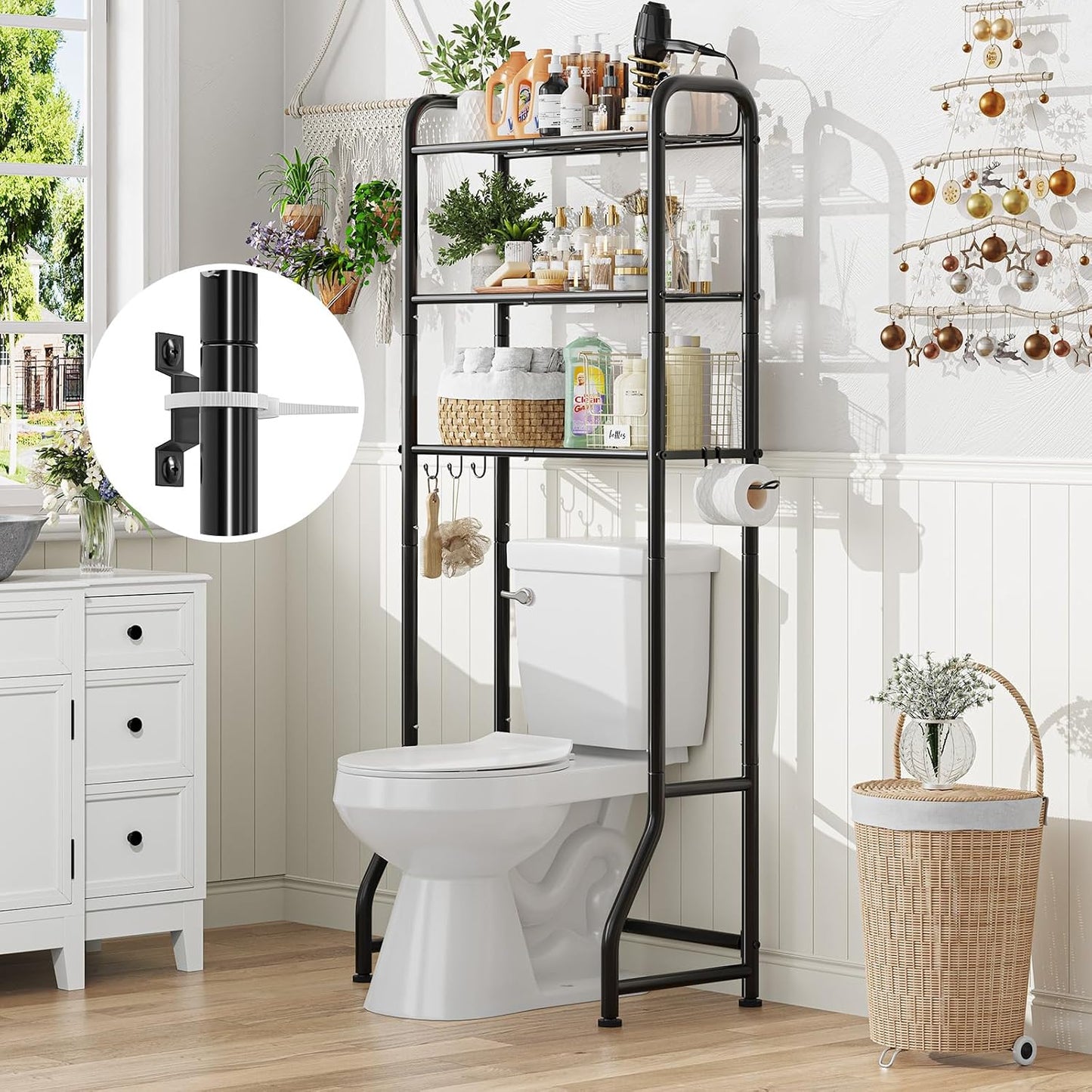 Simple Trending Over The Toilet Storage Cabinet, Metal Bathroom Shelf Organizer with Paper Holder and Hooks, 3 Tier, Black