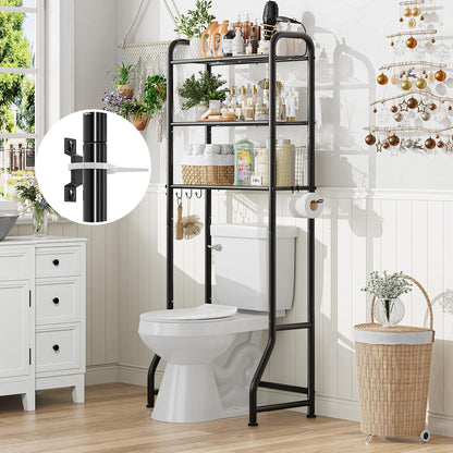 Simple Trending Over The Toilet Storage Cabinet, Metal Bathroom Shelf Organizer with Paper Holder and Hooks, 3 Tier, Black