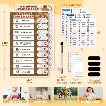 2 in 1 Upgraded Slider Gingerbread Chore Chart for Kids, Magnetic Kids Chore Chart for 2 Kids, Dry Erase Morning/Bedtime Routine Chart for Kids Toddlers Teens Adult, Visual Schedule for Kid