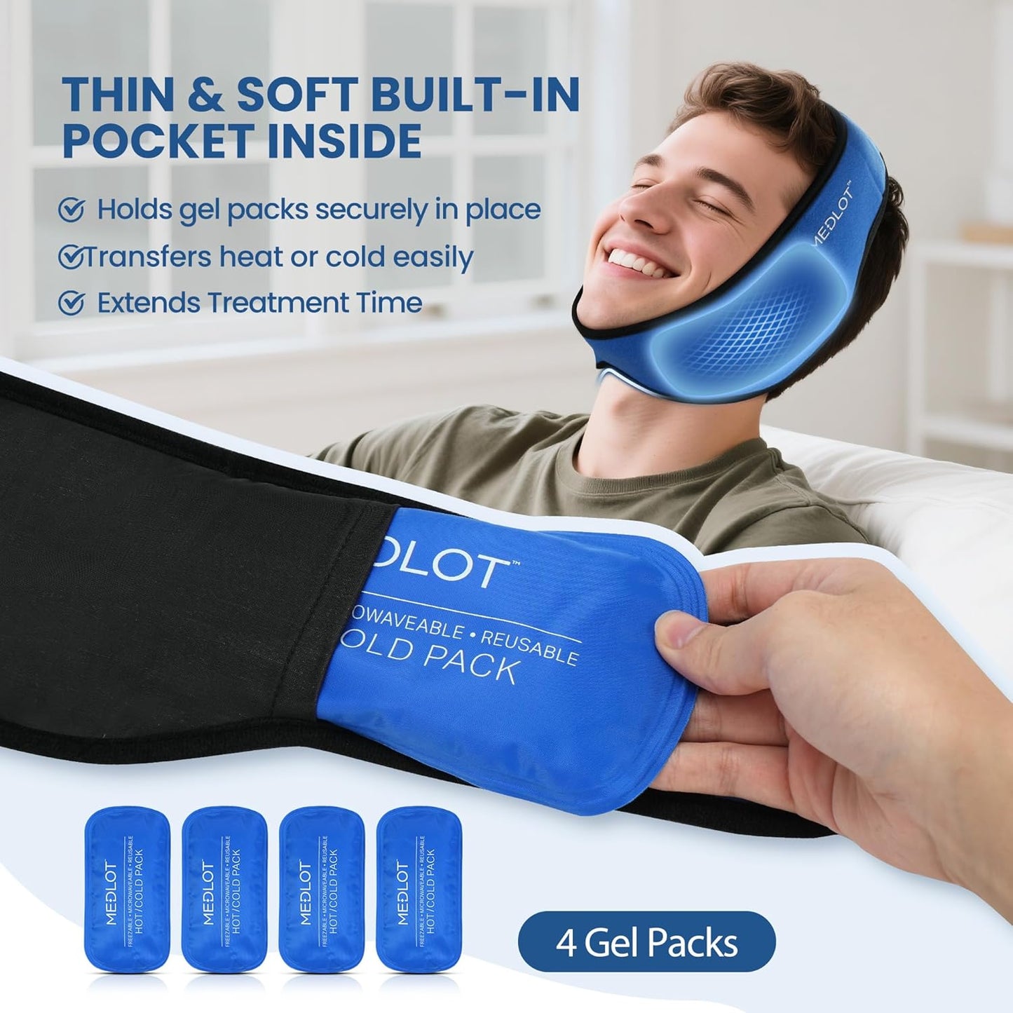 LotFancy Face Ice Pack Wrap for TMJ, Wisdom Teeth, with 4 Reusable Hot Cold Therapy Gel Packs, Pain Relief for Head, Oral and Facial Surgery, Dental Implants, Blue