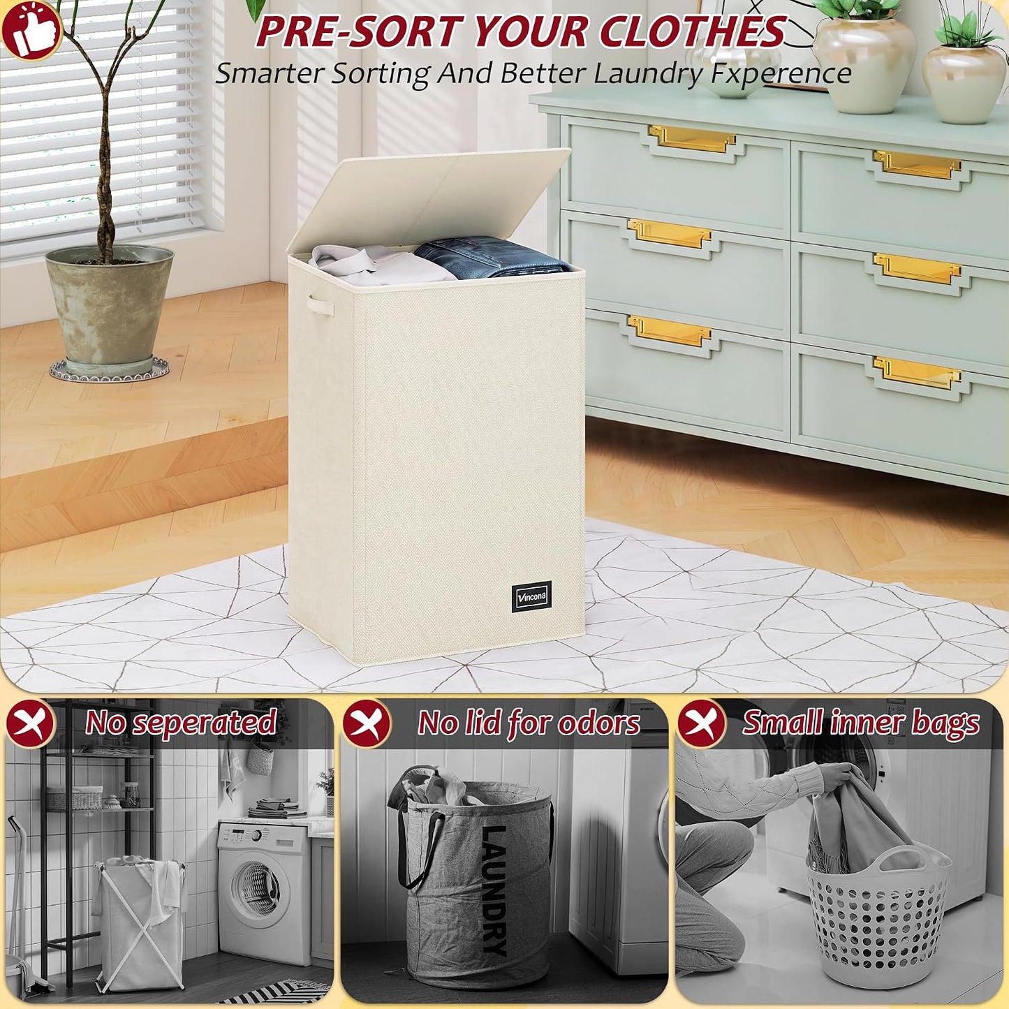195L Laundry Hamper 3 Section,Large Laundry Hamper with Lid,Dirty Clothes Hamper with 3 Inner Bags,Collapsible Laundry Basket Organizer for Laundry Room,Bedroom,Laundry Sorter Hamper 3 Compartment