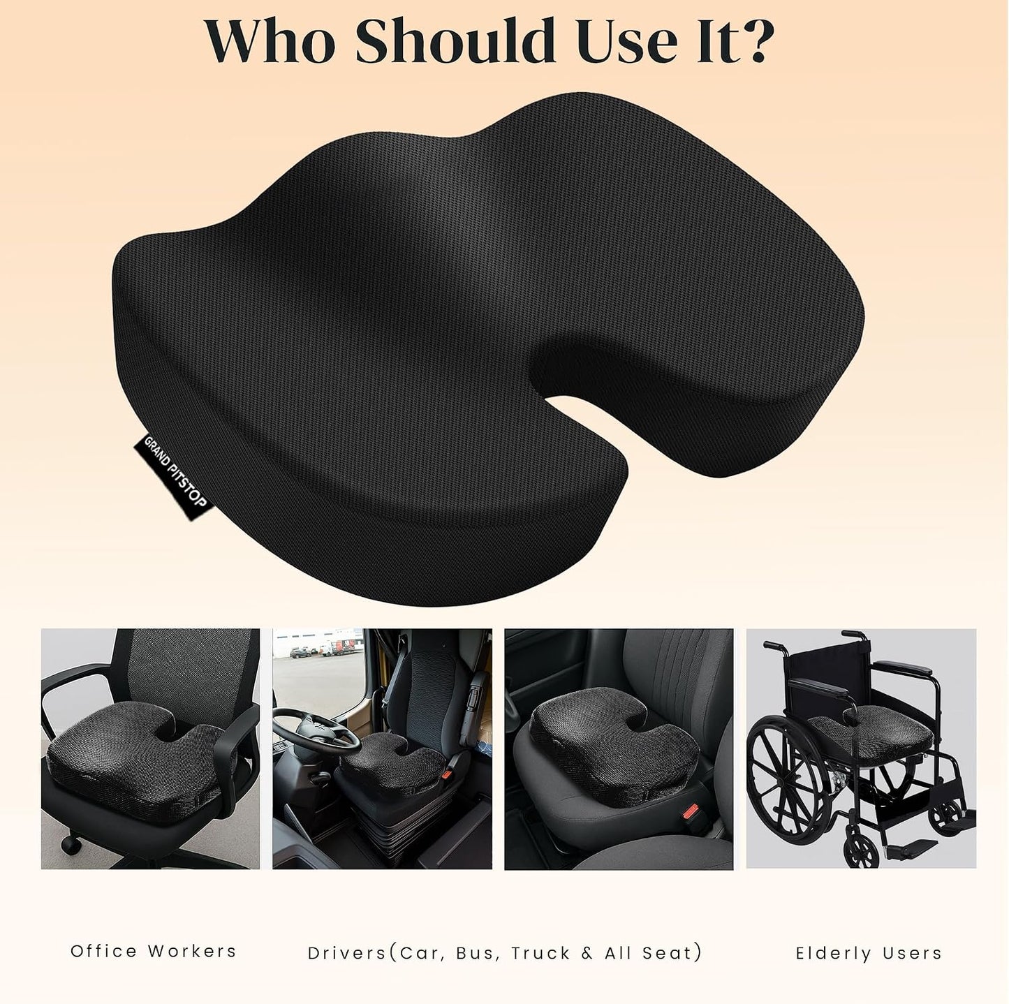 GRAND PITSTOP Memory Foam Seat Cushion for Office Chair Car & Home Orthopedic Tailbone & Sciatica Pain Relief Pad Ergonomic U-Shaped Design with Cooling Foam, Non Slip Base & Washable Cover