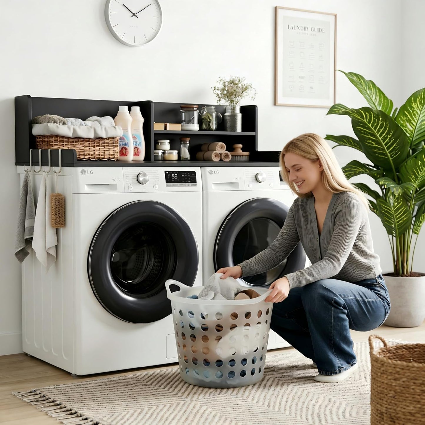 2-Tier Washer Dryer Countertop with Shelves & Metal Hooks, 27" W x 27.5" D Large Laundry Topper for Room Organization & Folding Clothes & Storage(Oak)