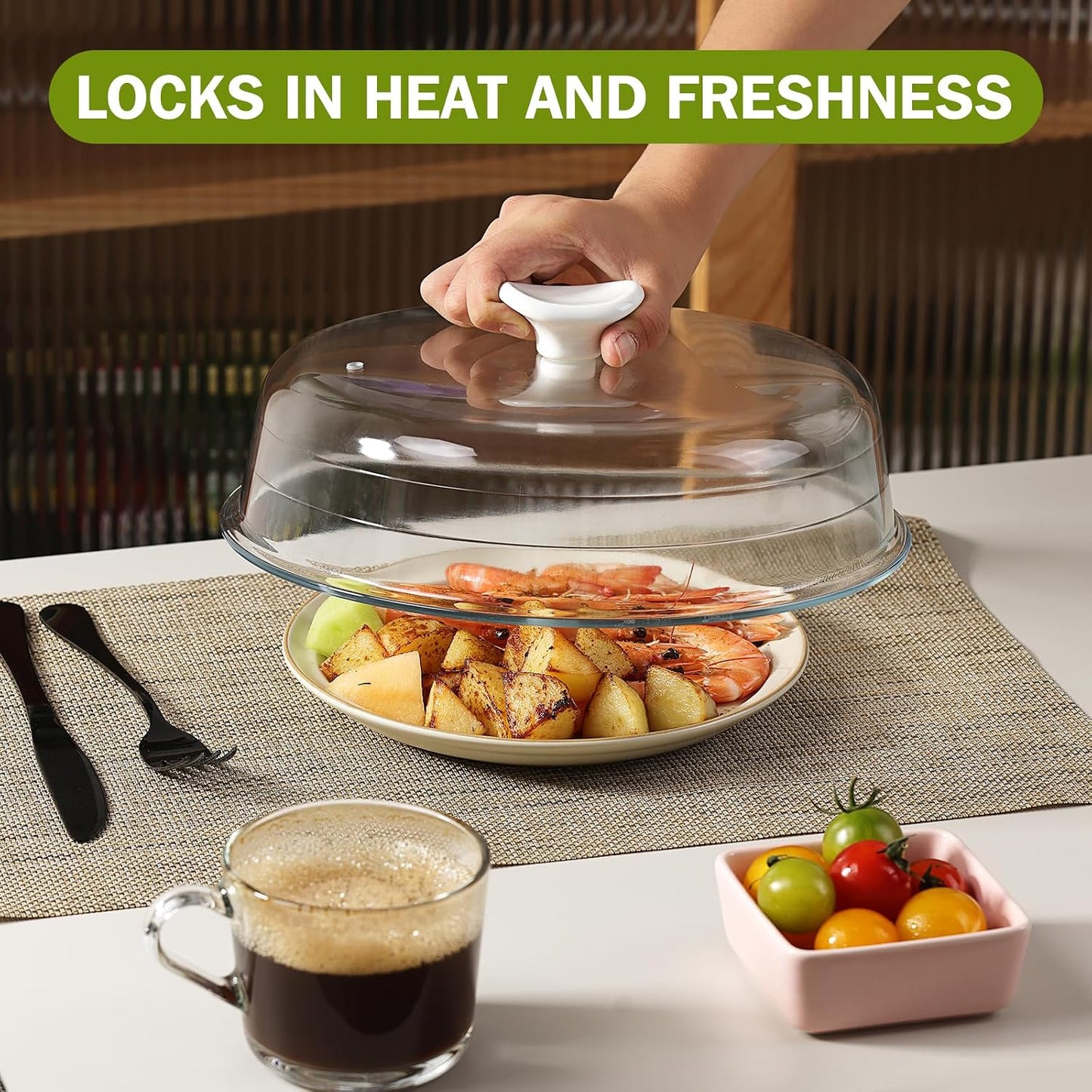 10.4IN Glass Microwave Splatter Cover for Food with Ceramic Handle & Screw | Non Plastic Microwave Cover with Vent Hole, BPA Free, Dishwasher Safe