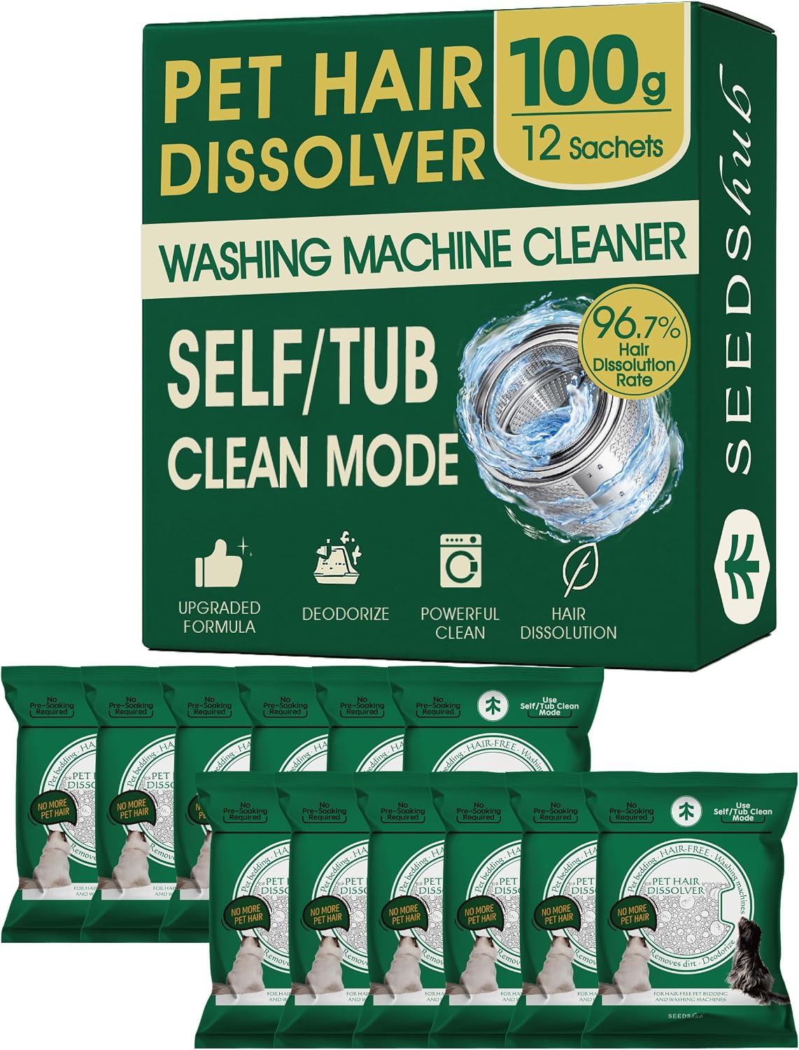 Washing Machine Cleaner for Pet Hair, 6-Month Supply | Pet Hair Dissolver Powder for Washer Drum & Pet Bedding, Removes Odor, Scale & Residue, HE/Front/Top Load, 6 Sachets