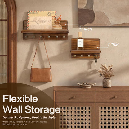 Rebee Vision Pine Wood Key Holder Wall Mount with Shelf for Entryway, Brown | 6 Key Hooks, Round Corner, Smooth&Hand-Friendly, Clear Wood Texture, Space-Saving Design, Organize Mail & Letter