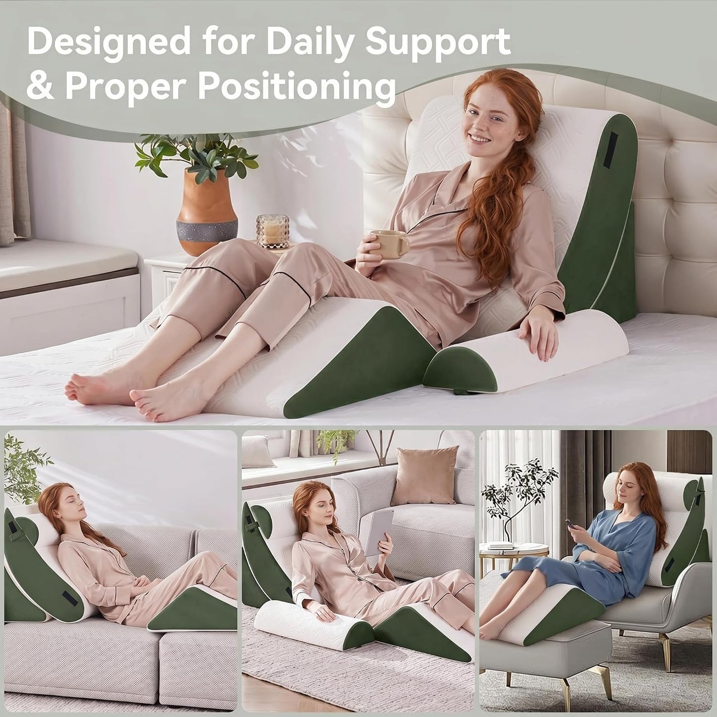 5PCS Wedge Pillow Set for After Surgery,Bed Pillow for Sleeping | Memory Foam Orthopedic Back Pillow for Pain Relief and Acid Reflux, Adjustable Sitting Up for Bed Post Surgery Pillow Green