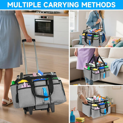 Large Rolling Cleaning Caddy Bag with Detachable Trolley,Cleaning Cart on Wheels with Shoulder Strap,Cleaning Supplies Organizer for Housekeepers,Purple