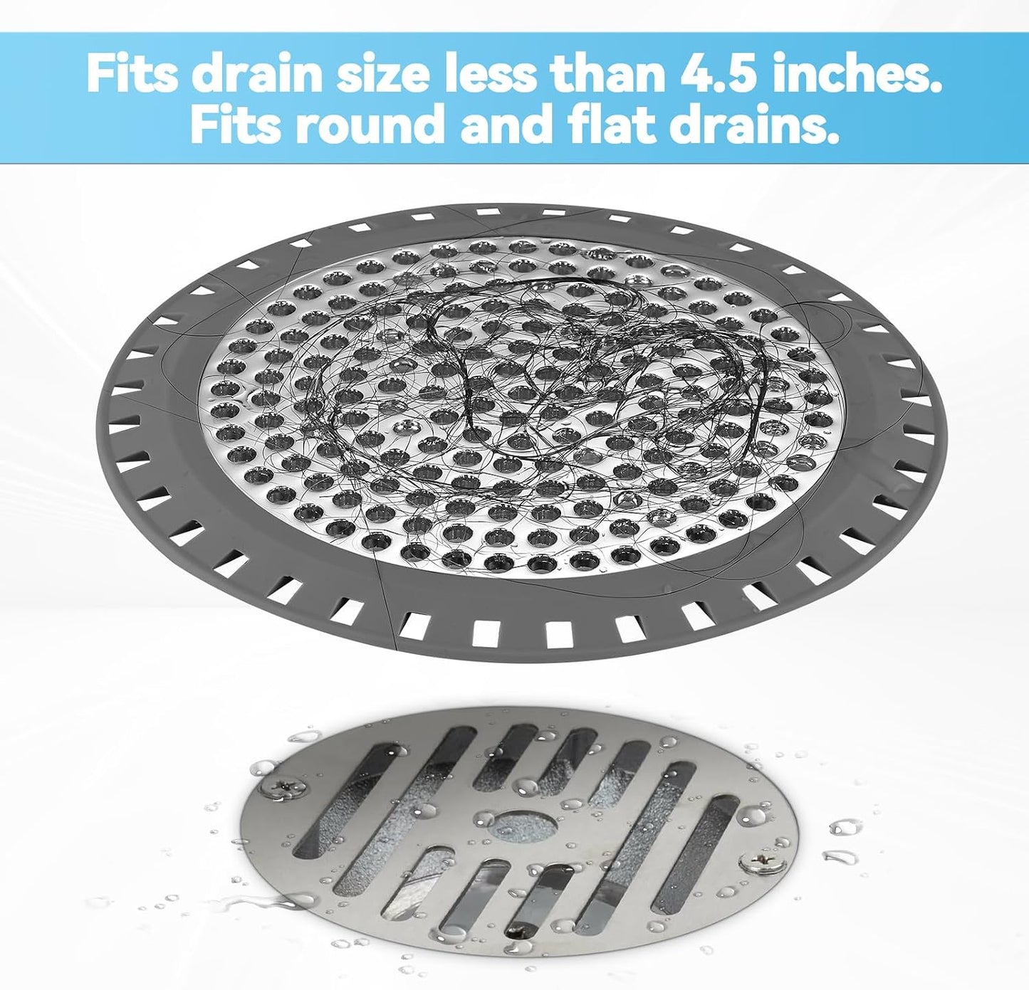 Shower Drain Hair Catcher,Aluvor Shower Drain Cover Bathtub Drain Strainer | Weighted Metal Hair Trap Stopper Sink Protector Filter Bathroom Flat Strainer Stopper (Silver gray)