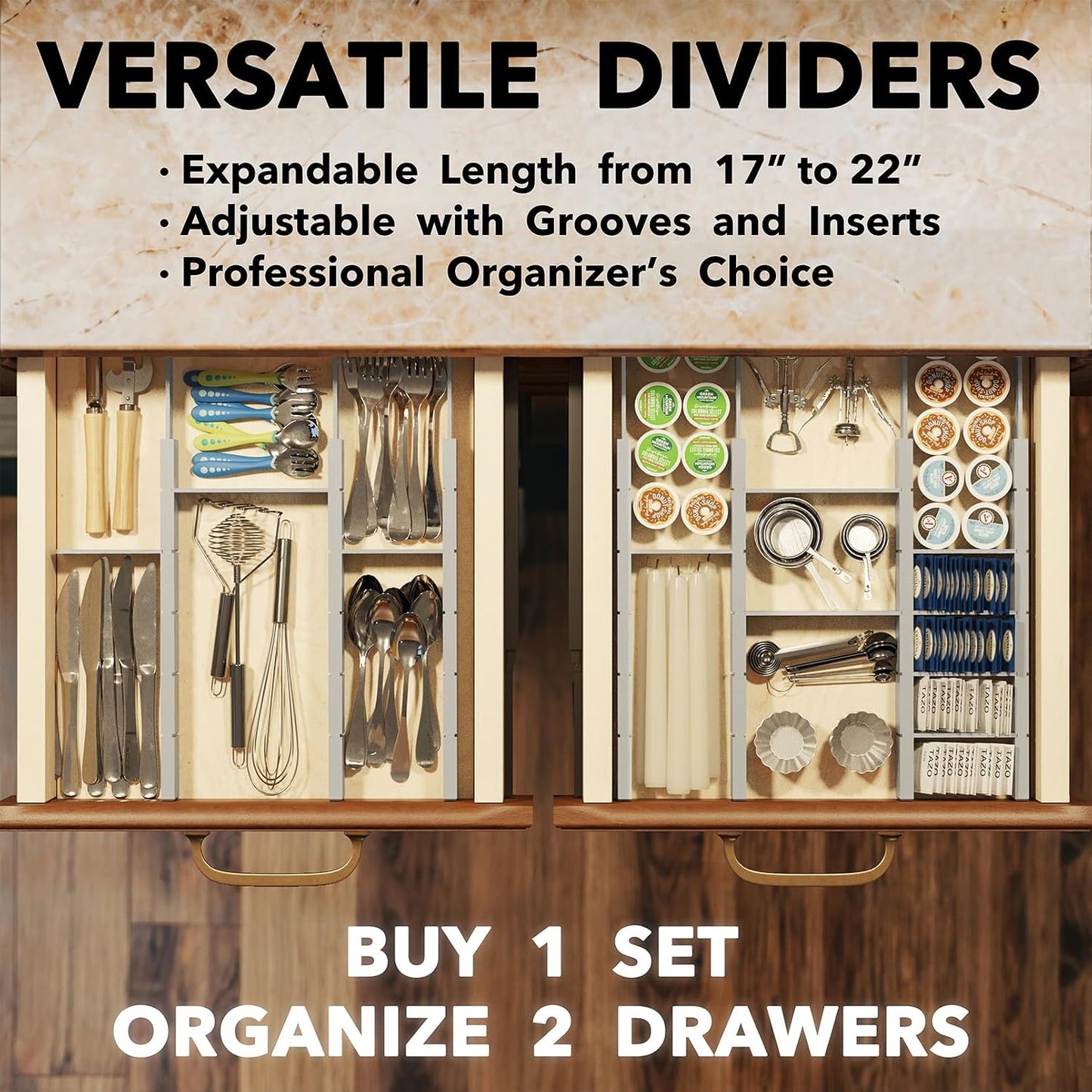 SpaceAid Bamboo Drawer Dividers with Inserts and Labels, Kitchen Adjustable Drawer Organizers, Expandable Organization for Home, Office, Dressers, 4 Dividers with 9 Inserts (17"-22" Natural)