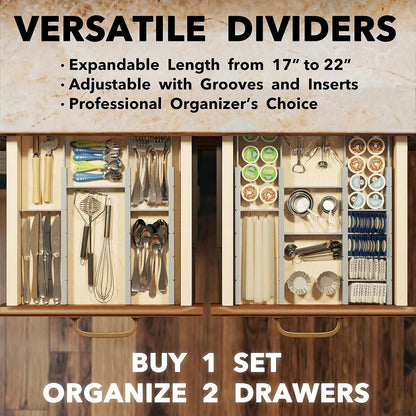 SpaceAid Bamboo Drawer Dividers with Inserts and Labels, Kitchen Adjustable Drawer Organizers, Expandable Organization for Home, Office, Dressers, 4 Dividers with 9 Inserts (17"-22" Natural)