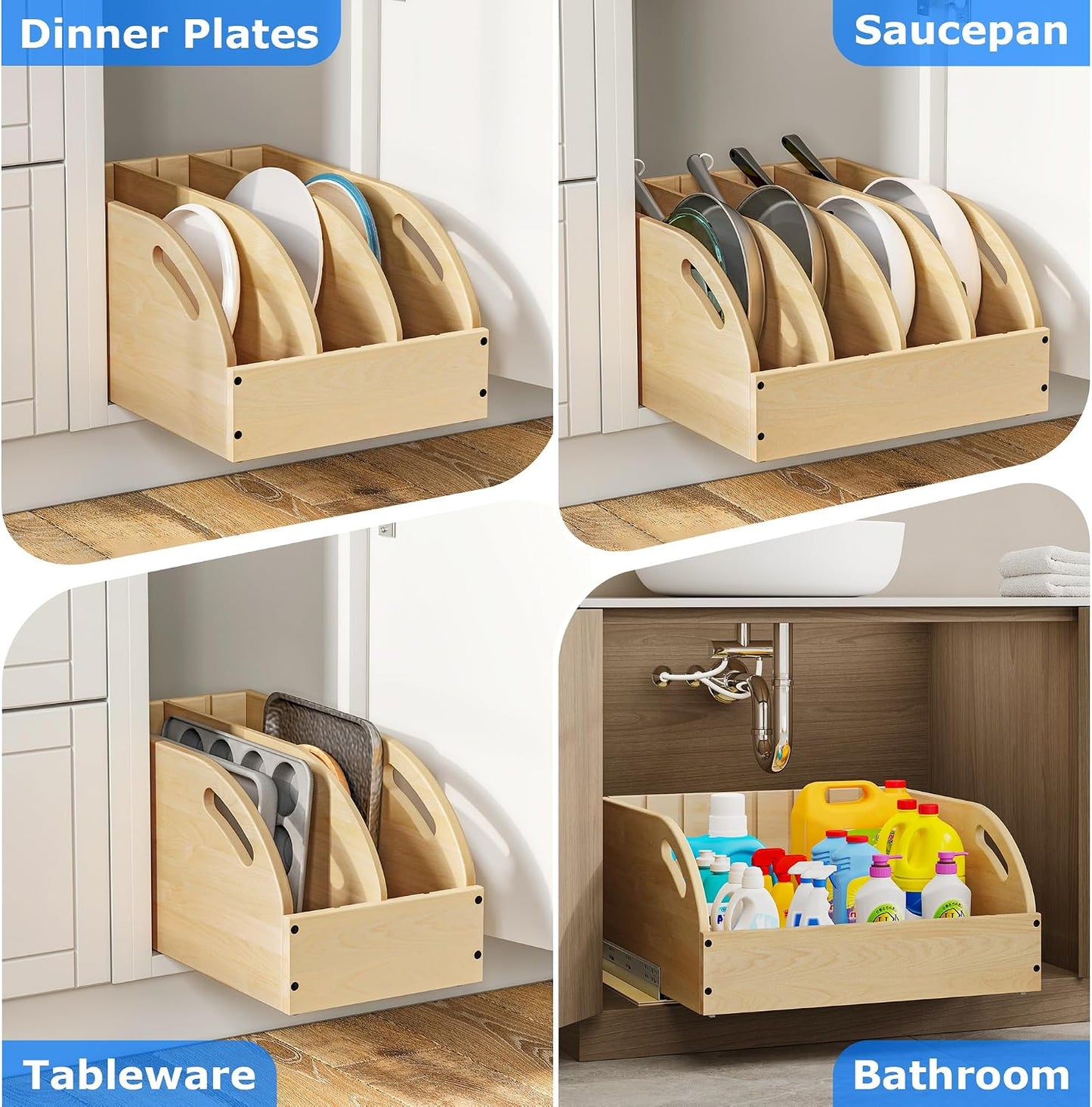 WelFurGeer Birchwood Pot and Pan Organizer with Soft-Close Drawer, Pull Out Cabinet Organizer, Heavy-Duty Slide-Out Storage for Baking Sheets, Cutting Boards, and Kitchen Utensils
