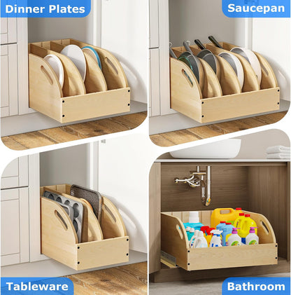 WelFurGeer Birchwood Pot and Pan Organizer with Soft-Close Drawer, Pull Out Cabinet Organizer, Heavy-Duty Slide-Out Storage for Baking Sheets, Cutting Boards, and Kitchen Utensils