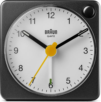 Braun Classic Travel Analogue Alarm Clock with Snooze and Light, Compact Size, Quiet Quartz Movement, Crescendo Beep Alarm in Black and White, Model BC02XBW.