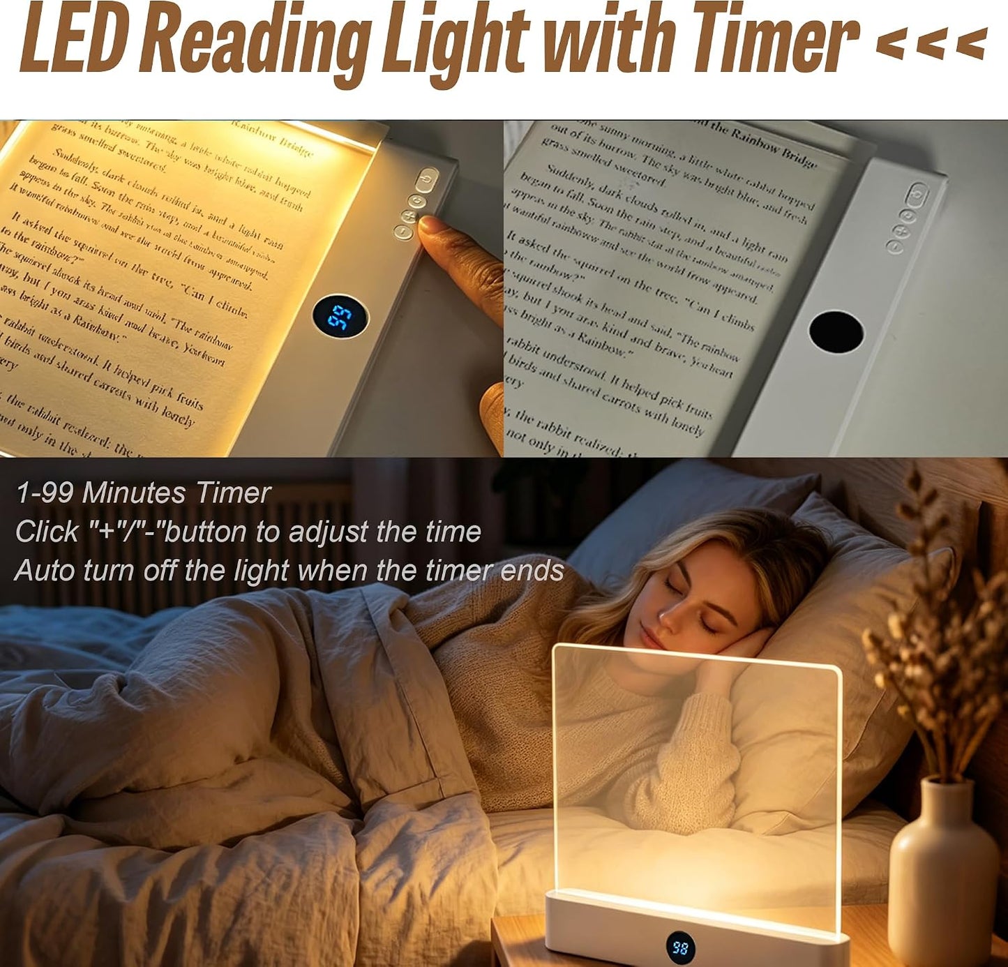 GJD 2-in-1 LED Book Light & Night Light, Rechargeable Flat Reading Light with 3 Color Modes Timer for Reading in Bed