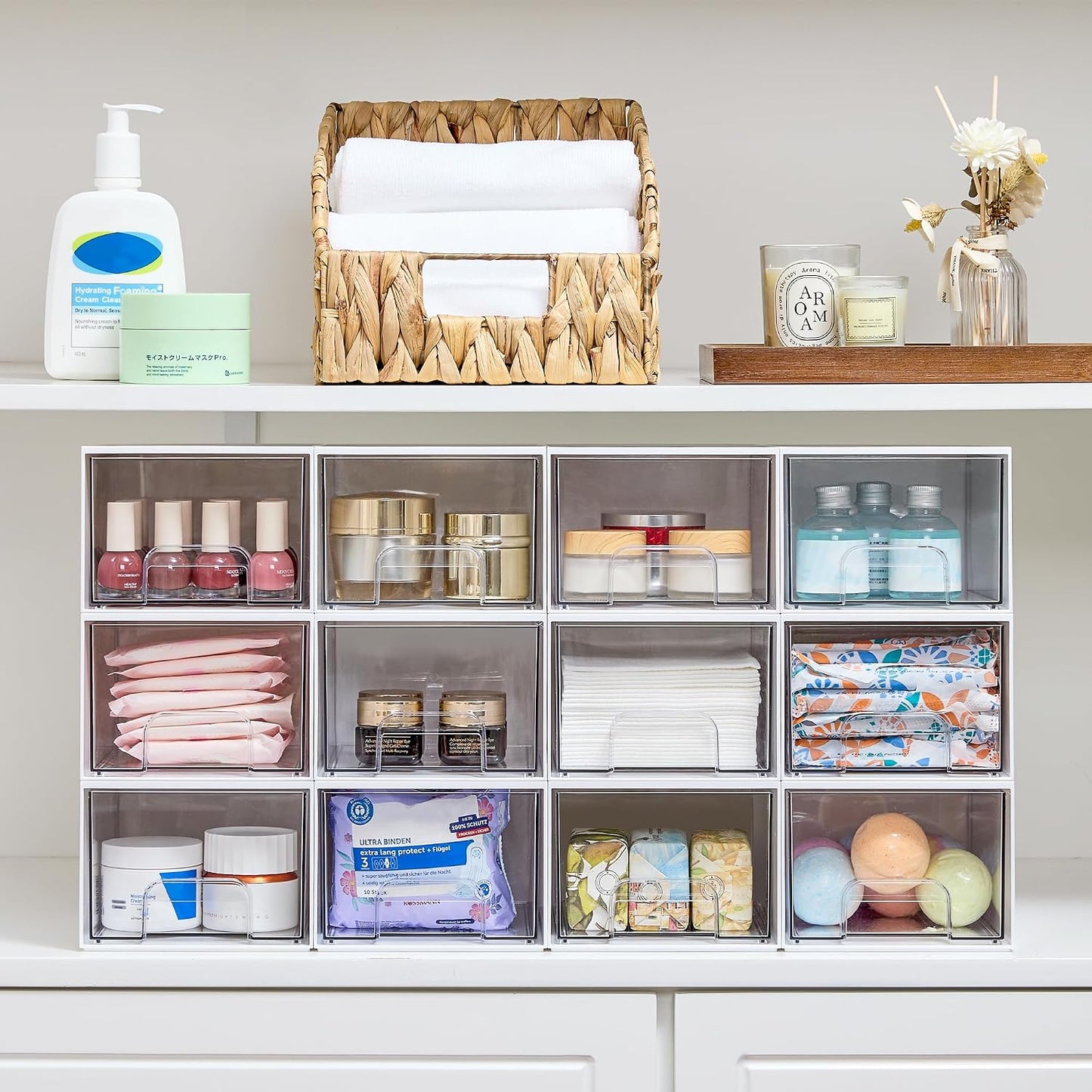 Vtopmart 4 Pack Small Clear Stackable Storage Drawers, Fits Narrow Spaces | Multi-Use Plastic Bins for Bathroom Cabinet Organizer, Makeup, Desk, Vanity, Undersink, Medicine ,Keeps Small Items Organized