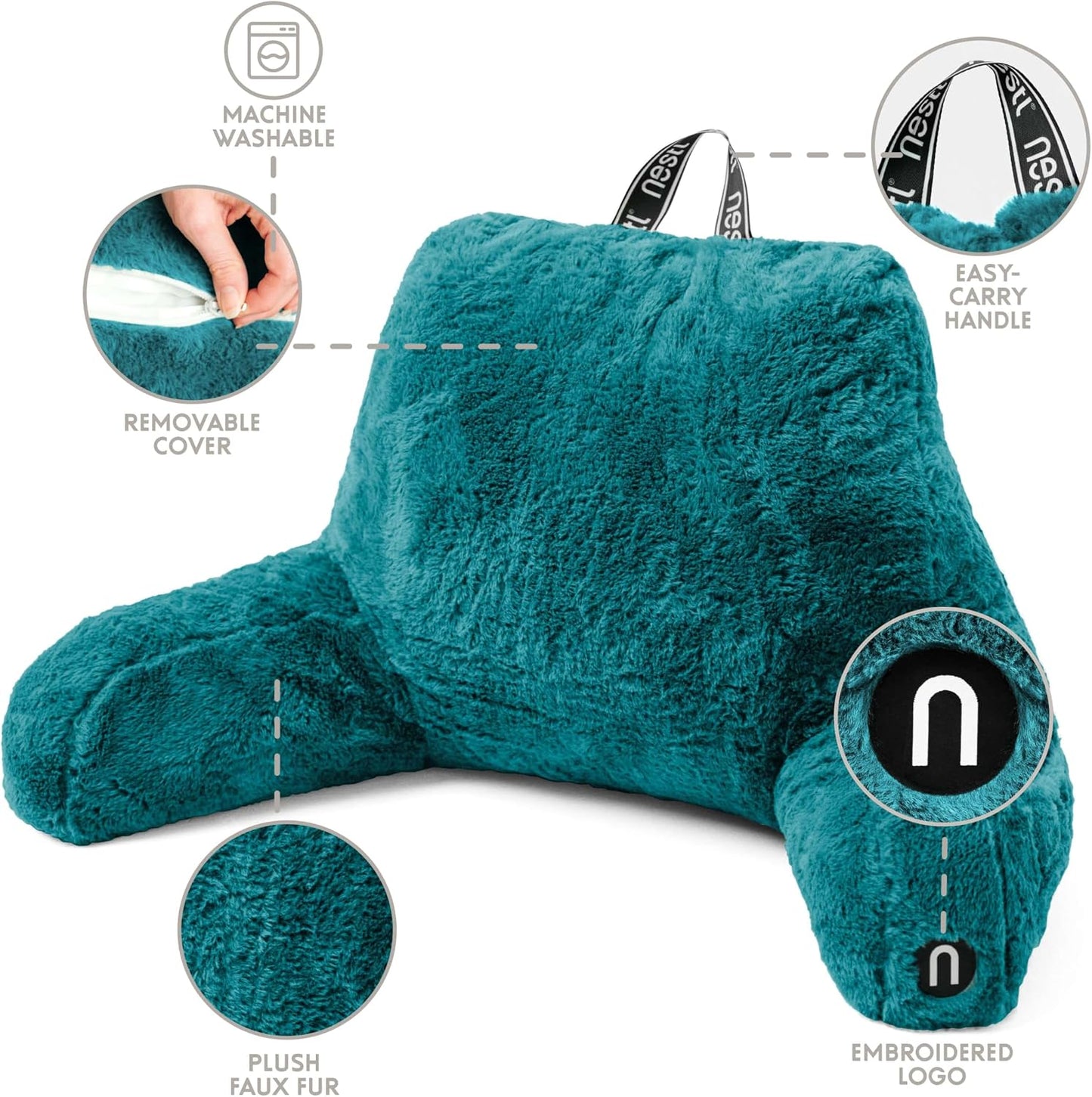 Nestl Fur Reading Pillow with Shredded Memory Foam, Stylish Back Pillow for Bed Sitting Up, Faux Fur Reading Pillows for Sitting in Bed Adult & Kids, Sit Up Back Support Pillow with Arms - Dark Grey
