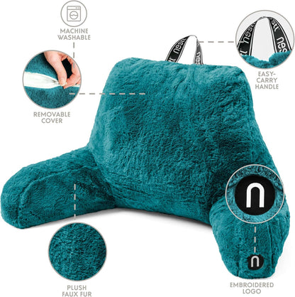 Nestl Fur Reading Pillow with Shredded Memory Foam, Stylish Back Pillow for Bed Sitting Up, Faux Fur Reading Pillows for Sitting in Bed Adult & Kids, Sit Up Back Support Pillow with Arms - Dark Grey