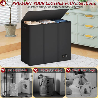 195L Laundry Hamper 3 Section,Large Laundry Hamper with Lid,Dirty Clothes Hamper with 3 Inner Bags,Collapsible Laundry Basket Organizer for Laundry Room,Bedroom,Laundry Sorter Hamper 3 Compartment
