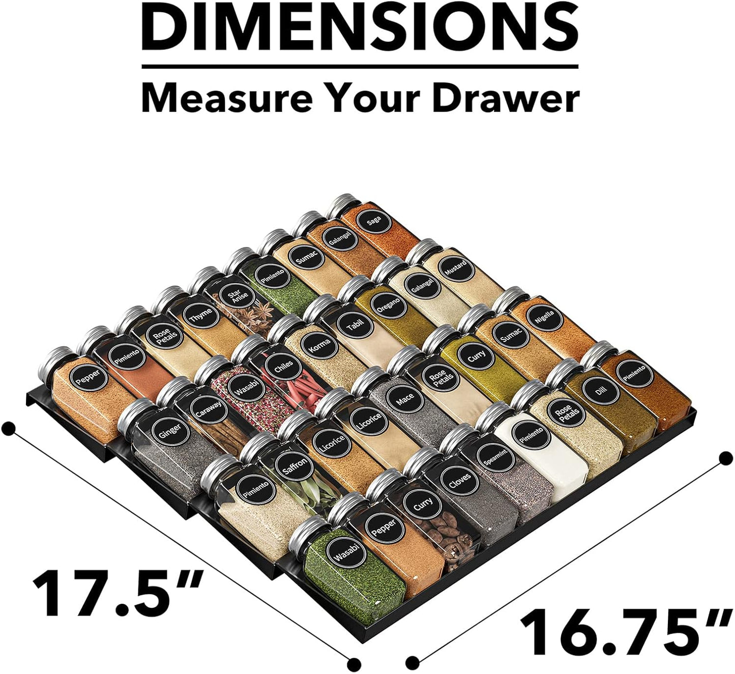 SpaceAid Spice Drawer Organizer with 28 Spice Jars, 386 Spice Labels, 4 Tier Seasoning Rack Tray Insert for Kitchen Drawers, 13" Wide x 17.5" Deep