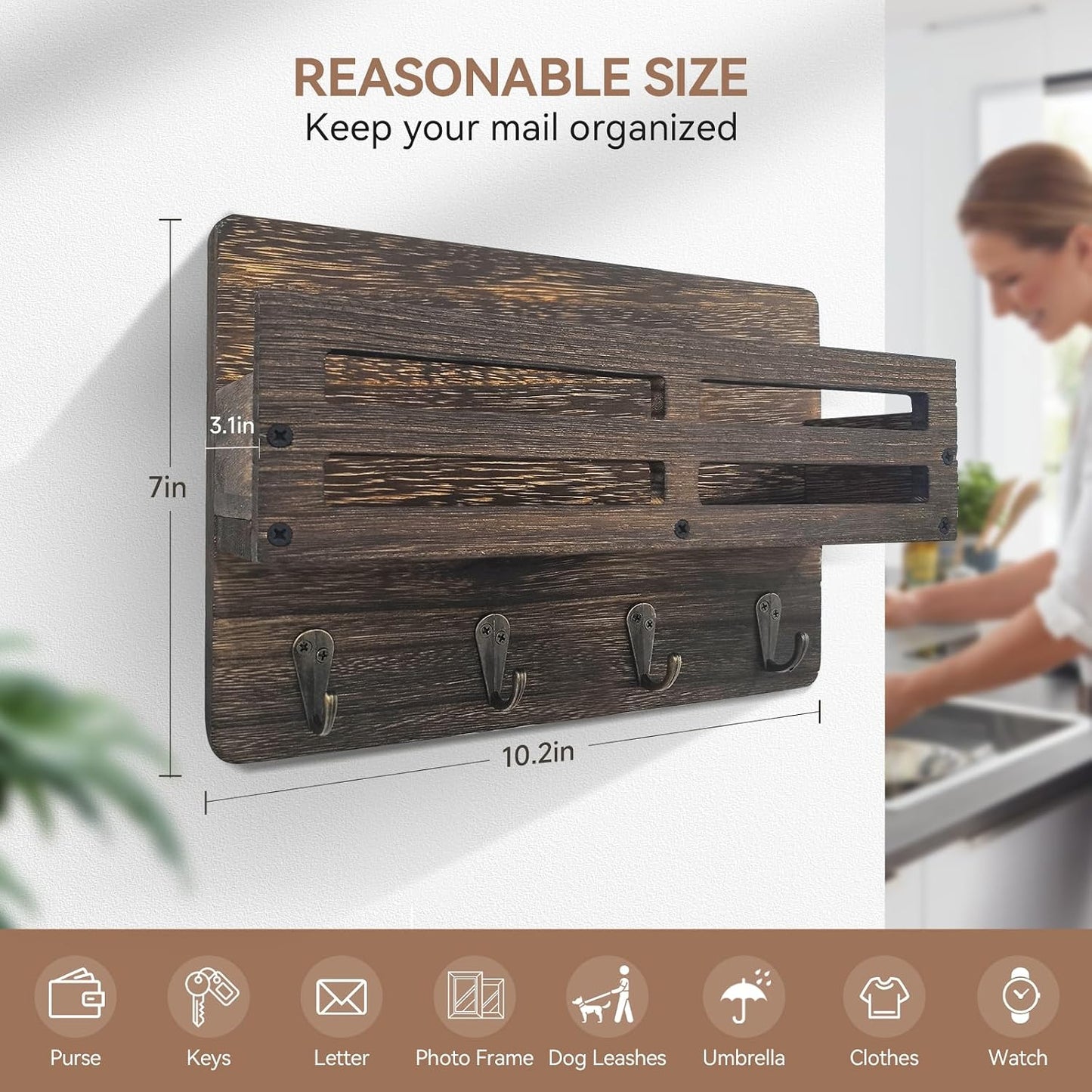 Key Holder Wall Mount, 10 inch Decorative Key and Mail Holder for Wall, with Mail Organizer & 4 Key Hooks, Rustic Wooden Key Rack for Hanging Dog Leash Sunglasses, Entryway Key Hanger, Black