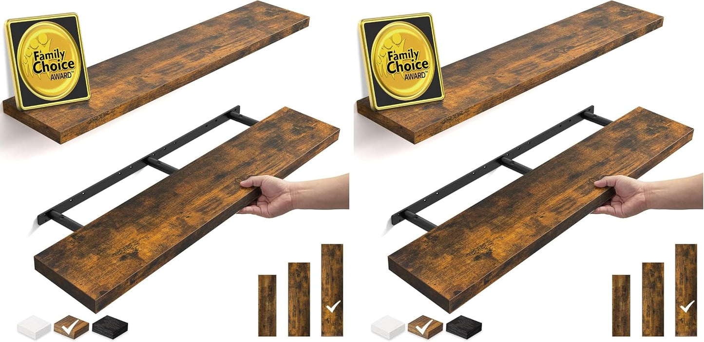 BAYKA Rustic Brown Floating Shelves 22.5in, Set of 2, Wall Mount Wood Shelf | Easy Install, 22lbs Max Load, Hidden Bracket, for Bathroom Bedroom Living Room or Kitchen, Hanging Shelf Book Decor Storage