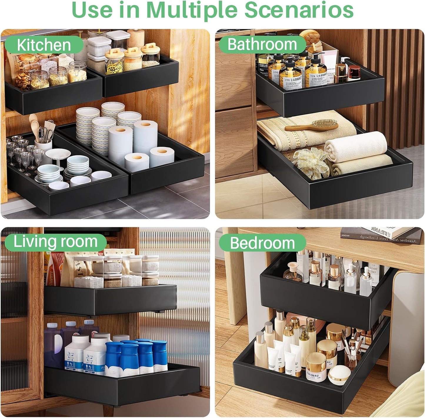 Pull out Cabinet Organizer, 21"Deep, Heavy Duty Full-Extension Slide out Drawers for Kitchen Cabinets with Nano Adhesive, Roll Out Shelf Sliding Cabinet for Pots, Bathroom, Pantry, Under Sink, White