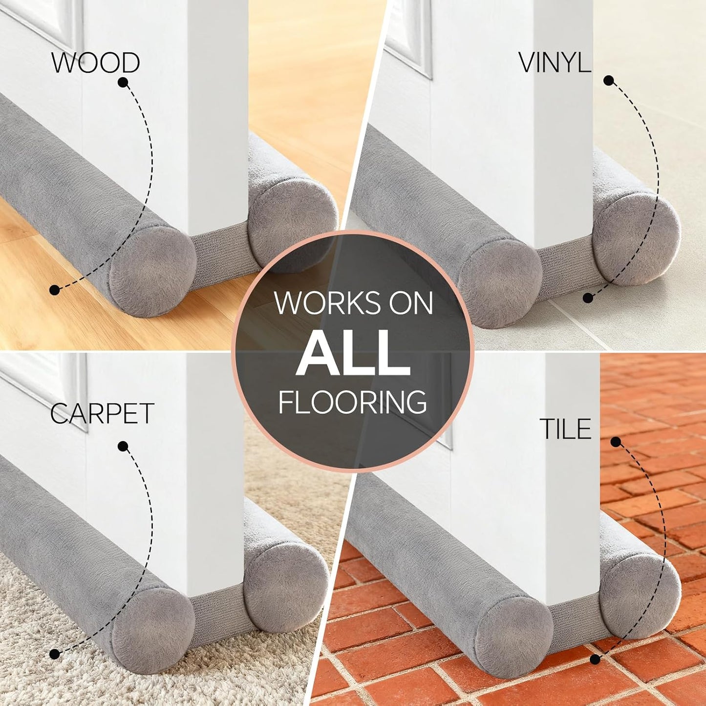 Premium Velvet Under Door Draft Stopper, 30-36 Inch Adjustable Double Sided Door Seal, Noise Blocker and Soundproof Sweep, Blocks Light, Dust, Air, Wind, and Bugs,Gray