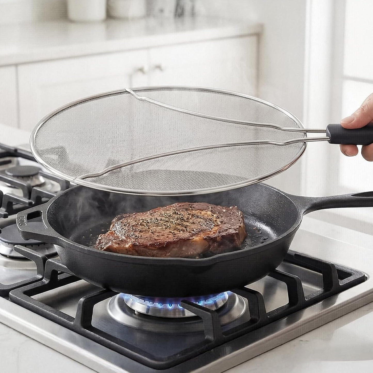 Splatter Screen for Frying Pan - 10’’ Stainless Steel Grease Splatter Guard with Grip Handle- Ultra Fine Mesh Cover Oil Splash when Sizzling Bacon, Cooking Fried Chicken or Popcorn
