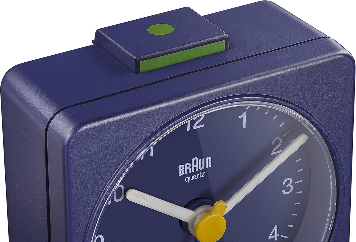 Braun Classic Travel Analogue Alarm Clock with Snooze and Light, Compact Size, Quiet Quartz Movement, Crescendo Beep Alarm in Black and White, Model BC02XBW.