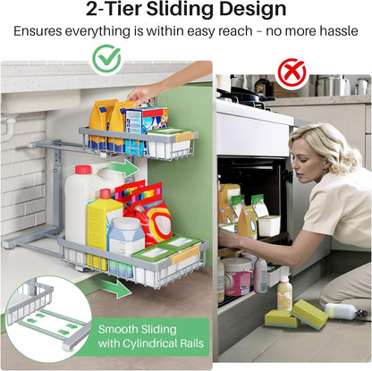 Kitstorack Under Sink Organizer, 2 Tier Under the Sink Storage, Slide out Pull out Cabinet Organizer Shelf, Metal Sliding Drawer for Kitchen Bathroom Pantry Closet Organization Rack, Black, 2 Pack