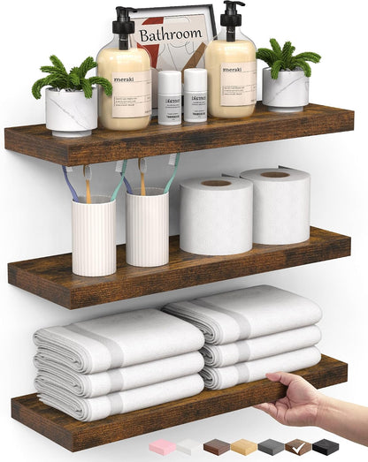 BAYKA Rustic Brown Floating Shelves 22.5in, Set of 2, Wall Mount Wood Shelf | Easy Install, 22lbs Max Load, Hidden Bracket, for Bathroom Bedroom Living Room or Kitchen, Hanging Shelf Book Decor Storage