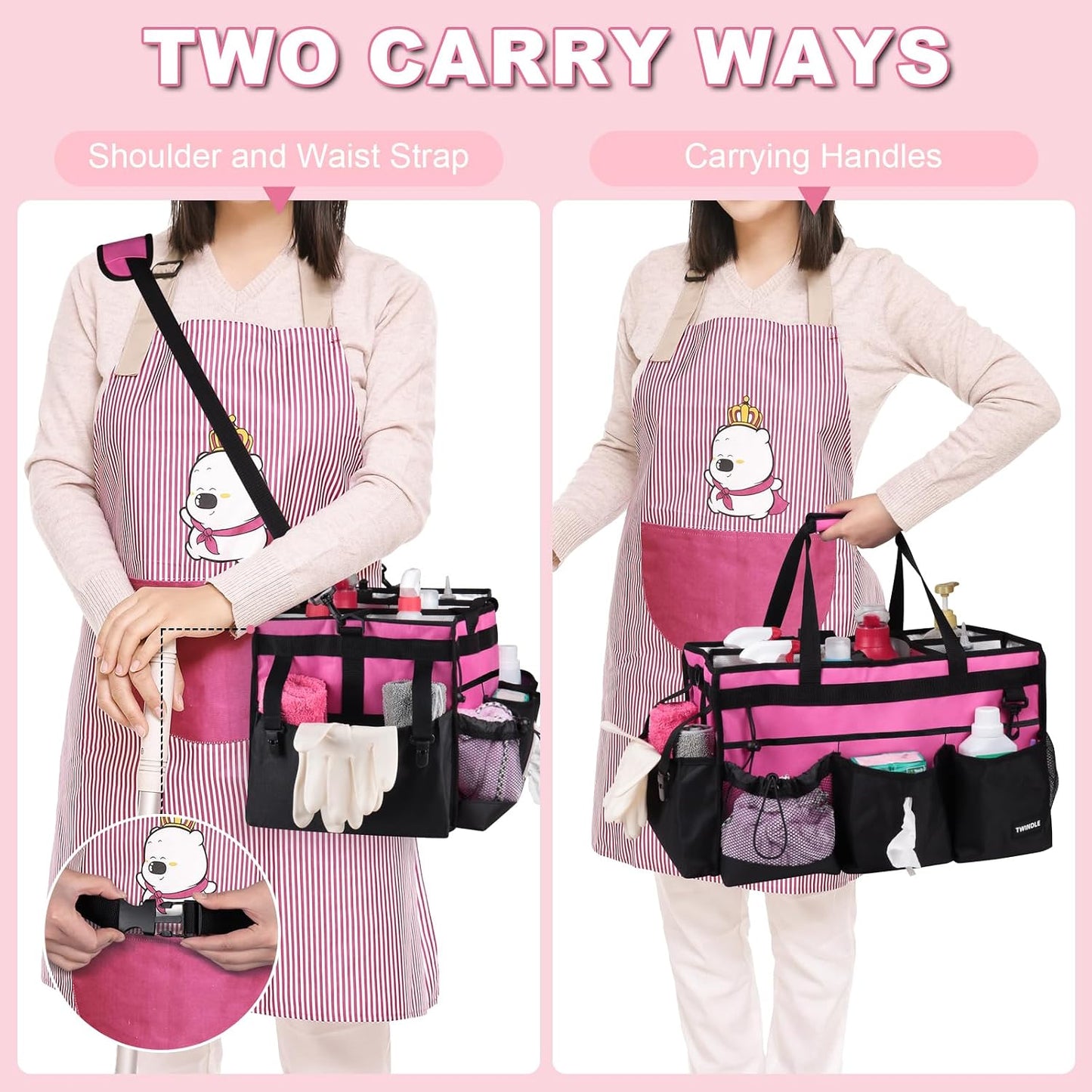 Extra Large Cleaning Caddy Bag with Built-In Support Board, Cleaning Tote Organizer with Removable Divider, Supply Carryall with Adjustable Shoulder Strap and Waist Belt for Cleaners & Housekeeper