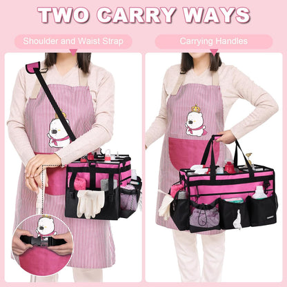 Extra Large Cleaning Caddy Bag with Built-In Support Board, Cleaning Tote Organizer with Removable Divider, Supply Carryall with Adjustable Shoulder Strap and Waist Belt for Cleaners & Housekeeper