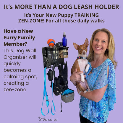 Dog Leash Holder for Wall with Shelf — Wall Mounted Dog Treat Holder & Station, 2 Airtight 32oz Treat Containers, 9 Hooks, Patented Lidless Slide-to-Seal Jars, Solid Steel, Made in USA
