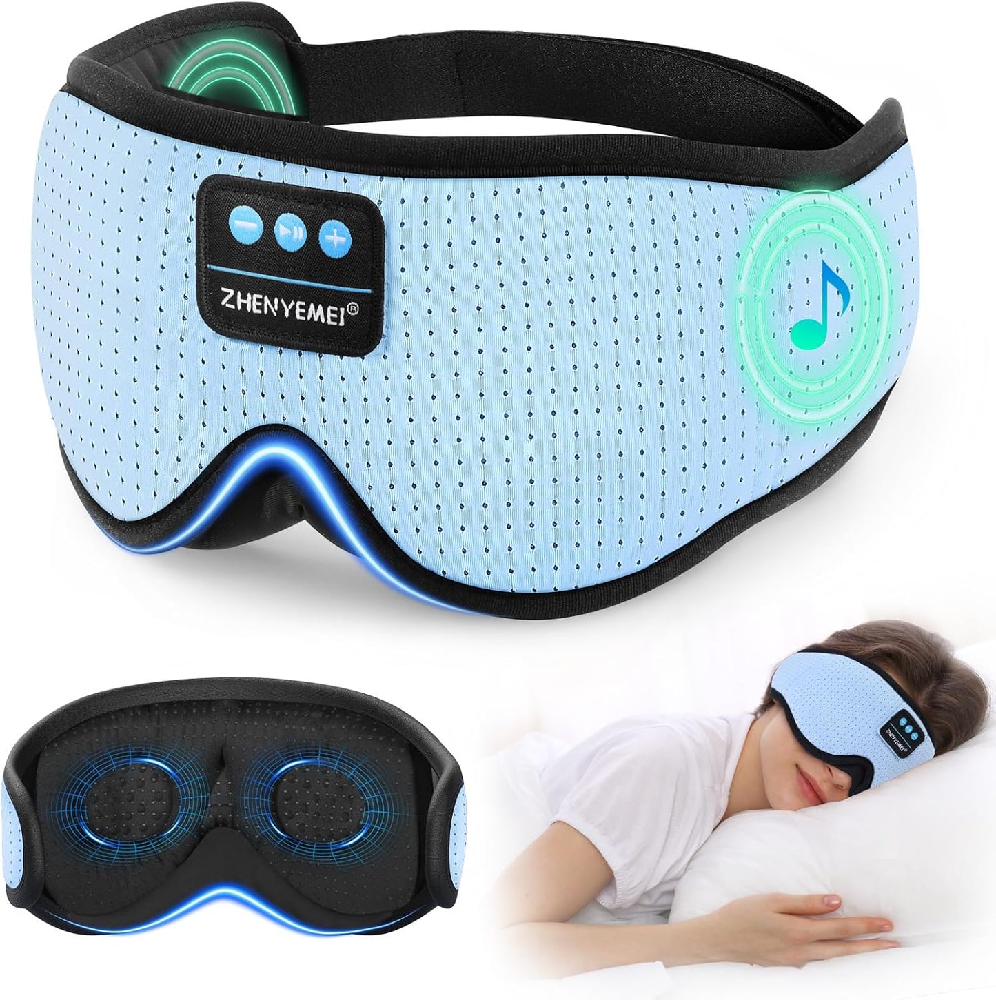 Sleep Eye Mask Bluetooth Headphones - 3D Contoured Zero Pressure Sleeping Masks 100% Blackout Eye Cover Breathable Sleeping Mask for Side Sleepers Wireless Earphone Ear Muff Headband Women Men Gift