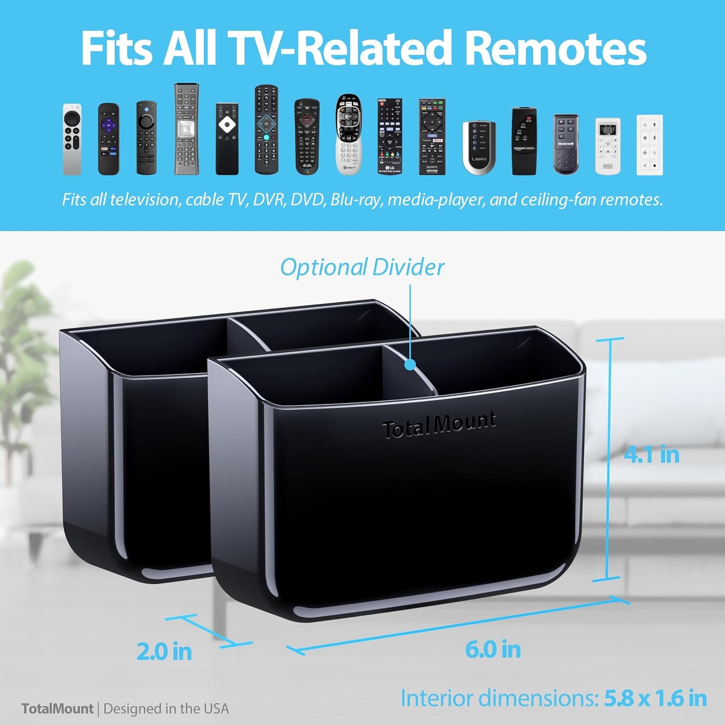 TotalMount Drop-Free Remote Holder – Removable Adhesive Strips – Black | Designed in the USA – Simply Put the Remotes In – No Tricky Magnet Alignment Needed (Holds 2 or 3 Remote Controls)