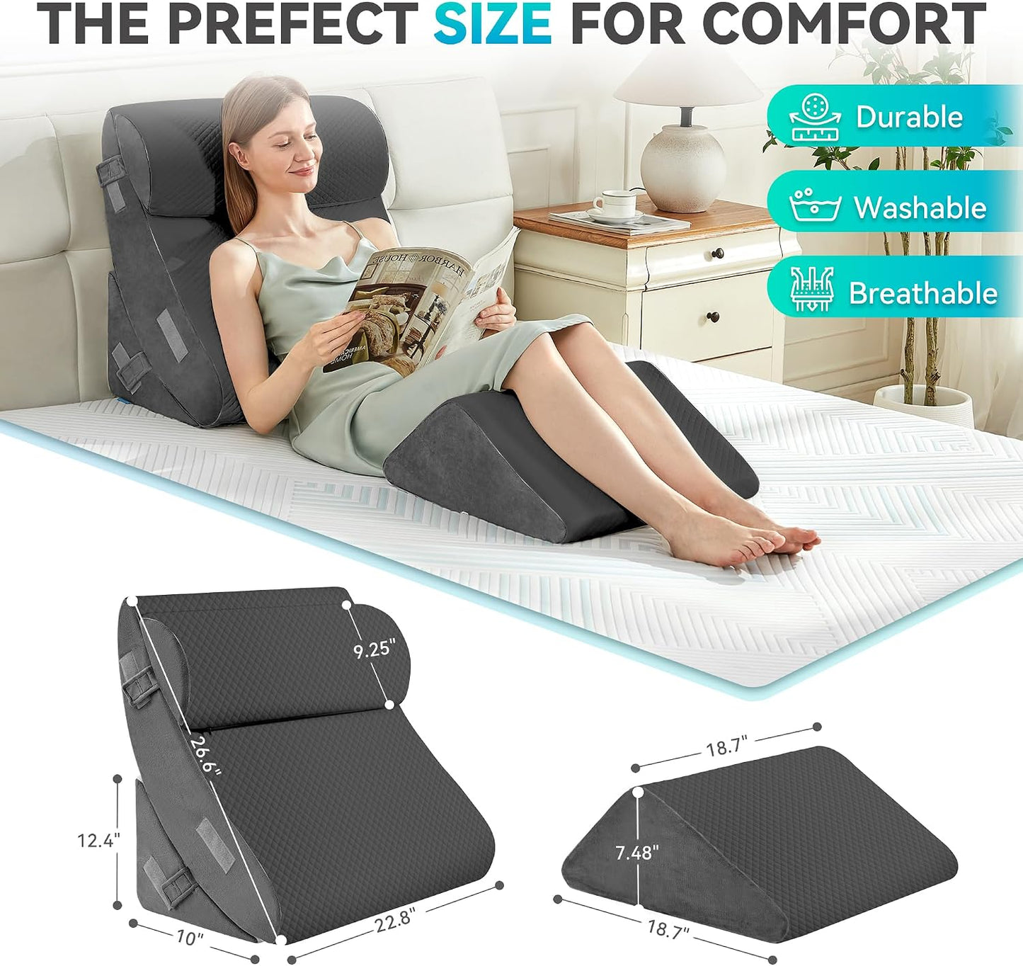 4PCS Bed Wedge Pillow Post Surgery, Orthopedic Sleeping Wedge Pillow Set for Back, Neck and Leg Pain Relief, Acid Reflux, GERD, Memory Foam Support Pillows for After Surgery, Grey