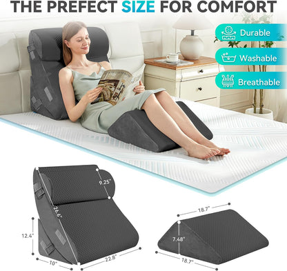 4PCS Bed Wedge Pillow Post Surgery, Orthopedic Sleeping Wedge Pillow Set for Back, Neck and Leg Pain Relief, Acid Reflux, GERD, Memory Foam Support Pillows for After Surgery, Grey