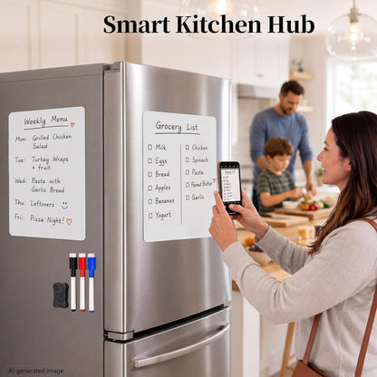 Magnetic White Board for Refrigerator Plan Weekly Menus at a Glance | Dry Erase Sheet for Meal Schedules - 12" x 8" Kitchen Command Center for Busy Moms with Magnet Backing Packed Flat