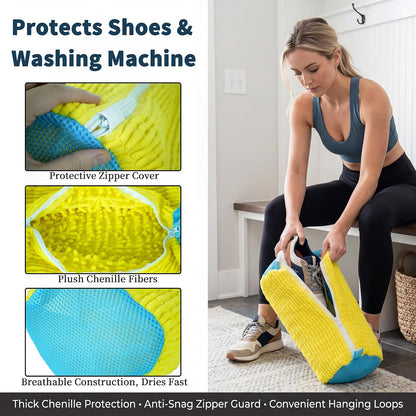 Shoe Washing Machine Bag Built-in Bristles | 2 Pack with Shoe Crease Protectors, for Women & Men, Yellow, Reusable Sneaker Laundry Bag for Washer and Dryer
