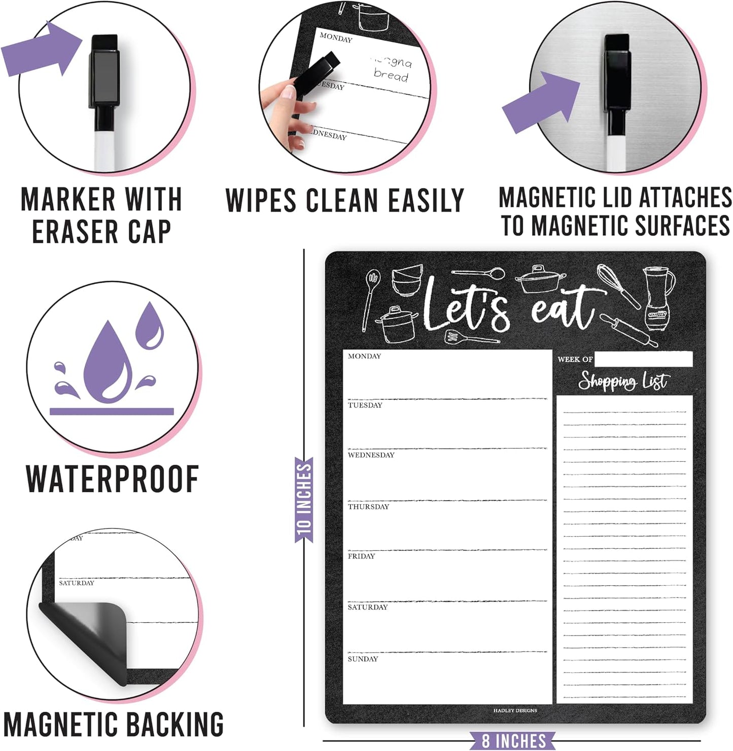 Hadley Designs Weekly Meal Planner for Fridge - Dinner Menu Board for Kitchen, Colorful Weekly Menu Board Dry Erase, Dry Erase Meal Planner for Fridge