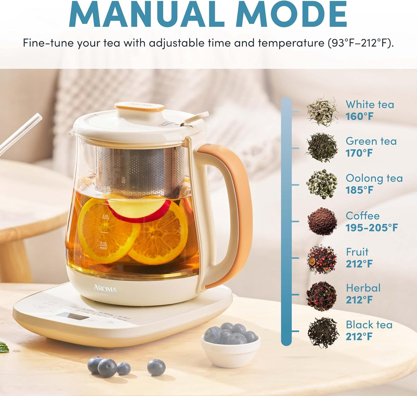 AROMA® Professional Infusion Glass Electric Tea Kettle with Temperature Control and 10 Preset Modes (6 Cups, 1.5 Liters)