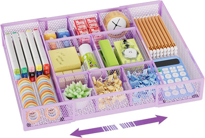 Marbrasse Expandable Desk Drawer Organizer, Mesh Drawer Organizer Tray with 10 Adjustable Compartments, Desk Organizers and Accessories, 5 Dividers Drawer for Office Supplies, Makeup & Vanity (Black)