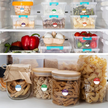 3500 Pcs 7 Rolls Removable Day Food Labels, 1'' Mon-Sun Weekly Date Stickers, Food and Restaurant Inventory Management Labels for Kitchen Containers & Meal Prep Self Adhesive Tri-lingual Labels