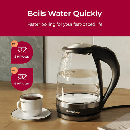 Mueller Living 1.8L Electric Kettle, Tea Kettle for Boiling Water | 1.8L | 1500W | LED | SpeedBoil | Automatic Shutoff | Cordless | Borosilicate Glass | BPA Free