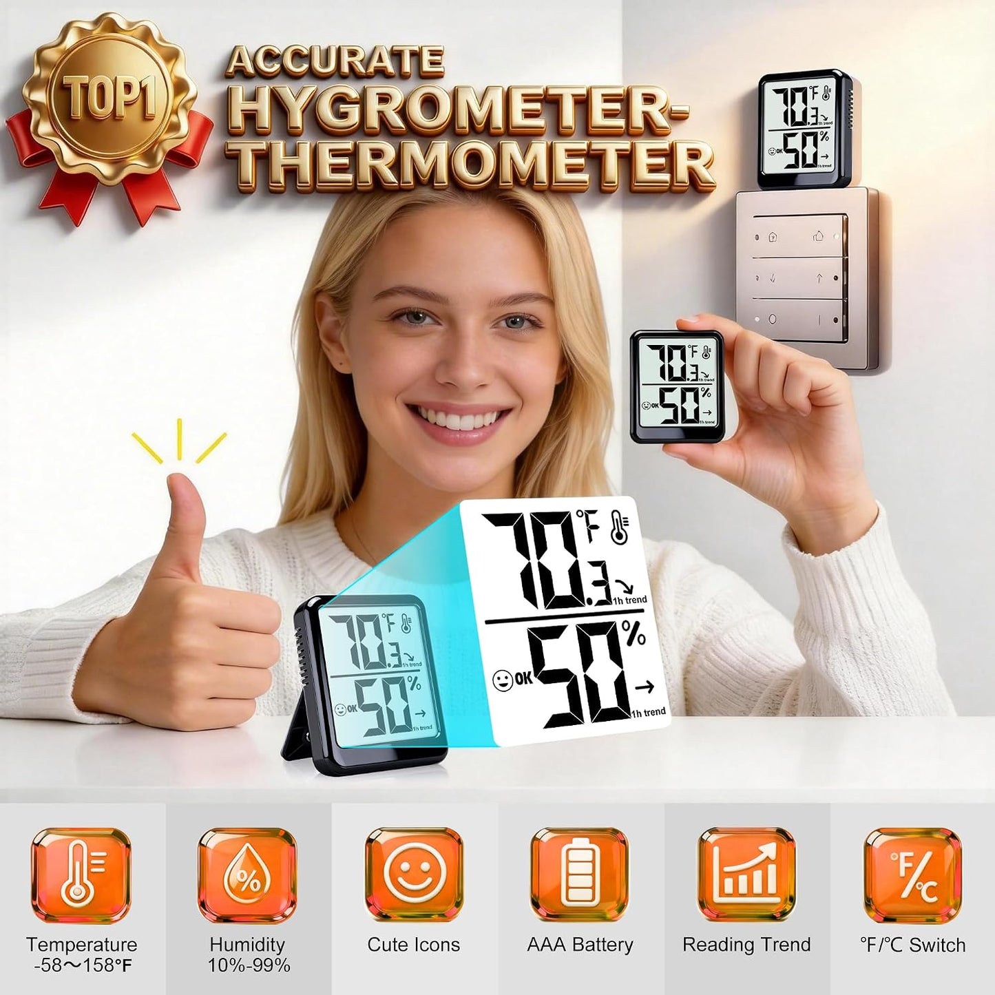 Room Thermometer Indoor Hygrometer Digital Humidity Meter | Accurate Sensor, Fast Refresh, Big Digits, Easy to View, ℉/℃, w/ AAA Battery, Compact for Home, Office, Pet, Plant