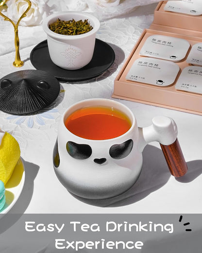 ZENS Tea Infuser Mug with Lid for Loose Leaf Tea Steeper, 11oz Panda | Embossed Ceramic Tea Infuser Mug with Fine Strainer for Herbal Tea Lovers Gifts, Nature Wood Handle